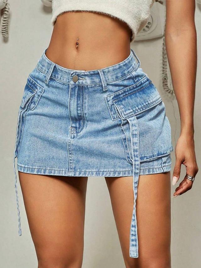 light wash denim cargo mini skirt with straps