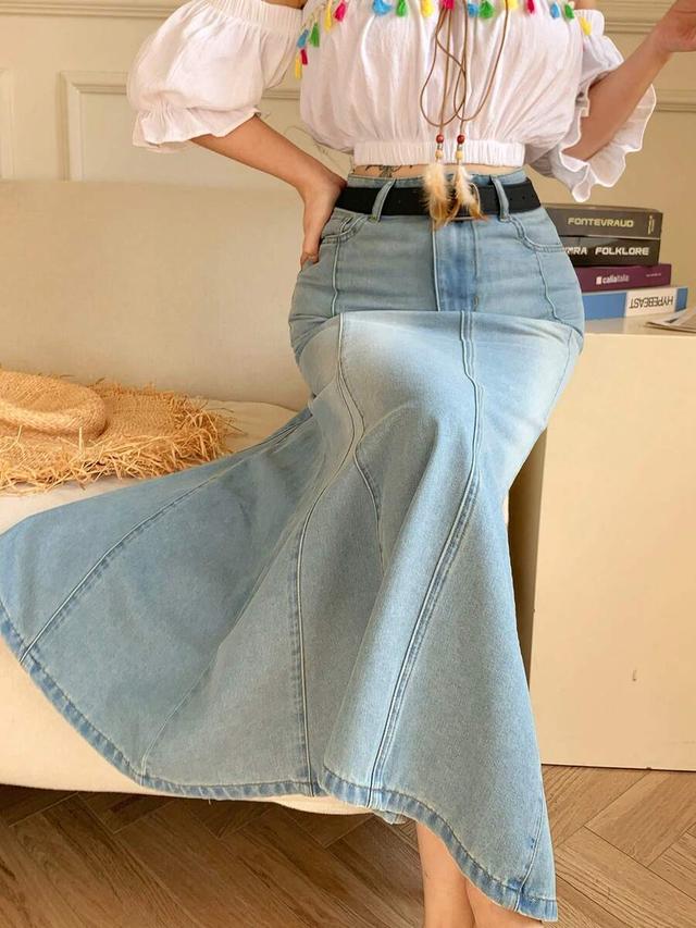 washed denim high waist fishtail long skirt