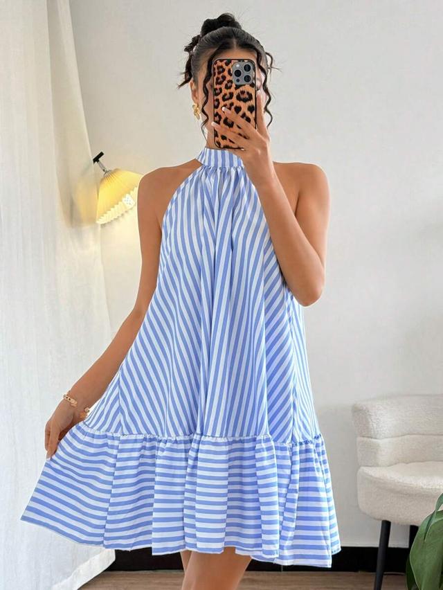 blue and white striped halter neck frill dress