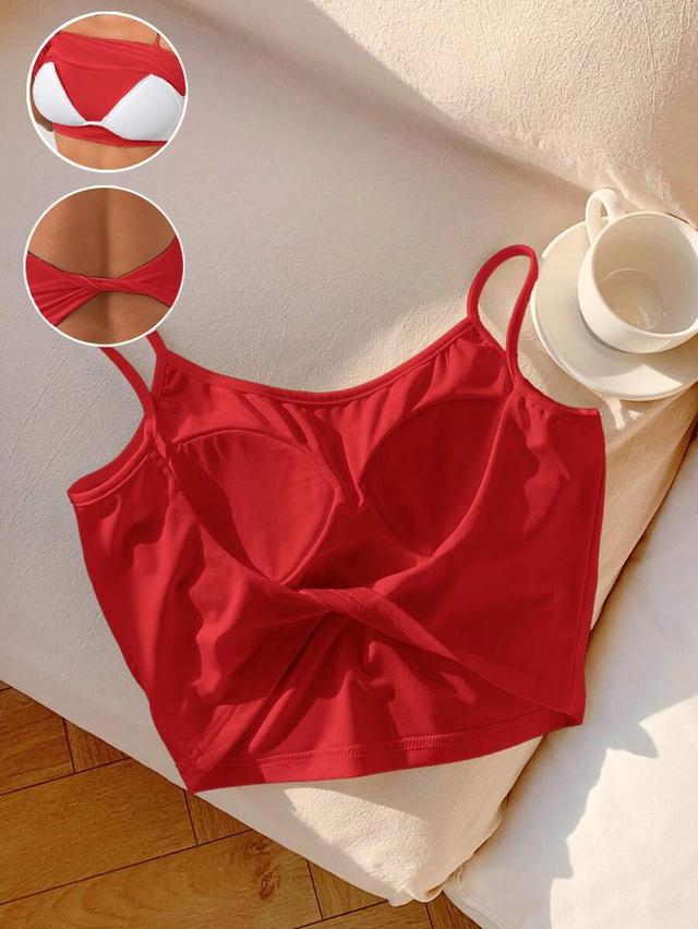 red twist back cropped spaghetti strap top