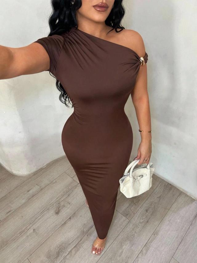 dark brown asymmetrical one shoulder bodycon midi dress