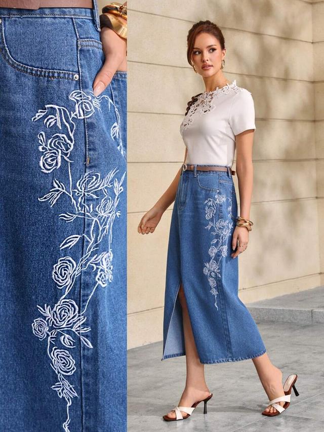 floral embroidered slit hem casual denim midi skirt