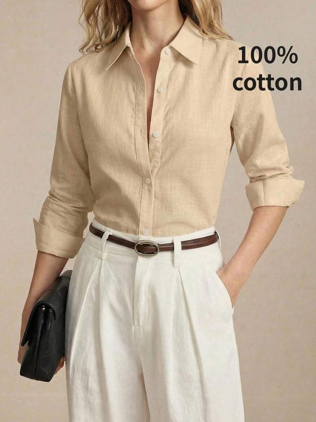 solid beige cotton button-down shirt