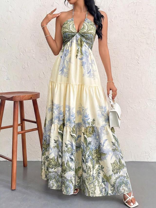 floral print halter neck tie waist maxi dress