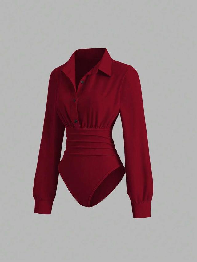 red retro long sleeve collared bodysuit