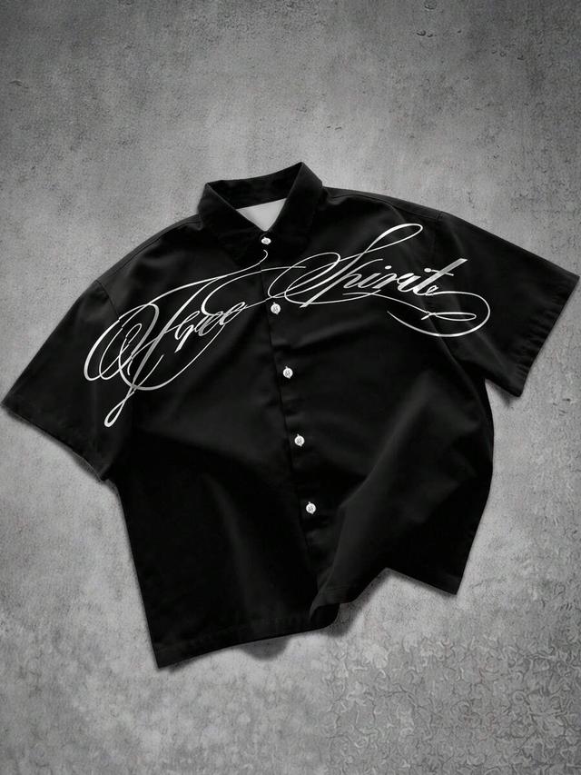 black short sleeve button-down shirt with script print
