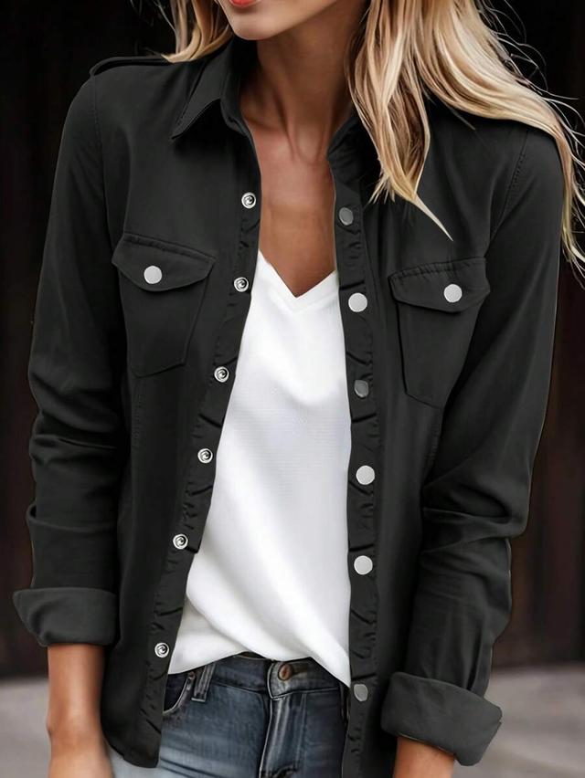women black denim shirt jacket with button placket