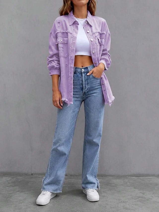 purple women's solid distressed fringe denim shirt jacket