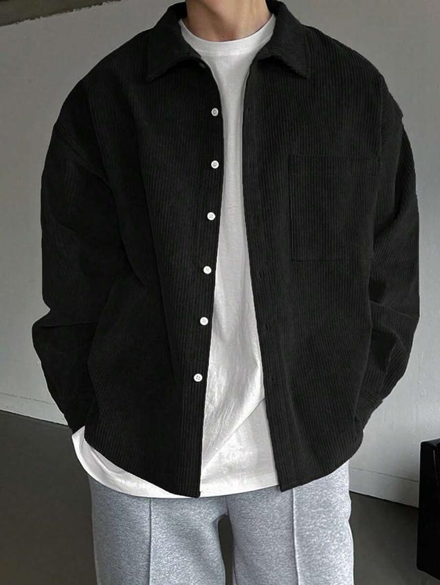 black corduroy long sleeve button-down casual shirt
