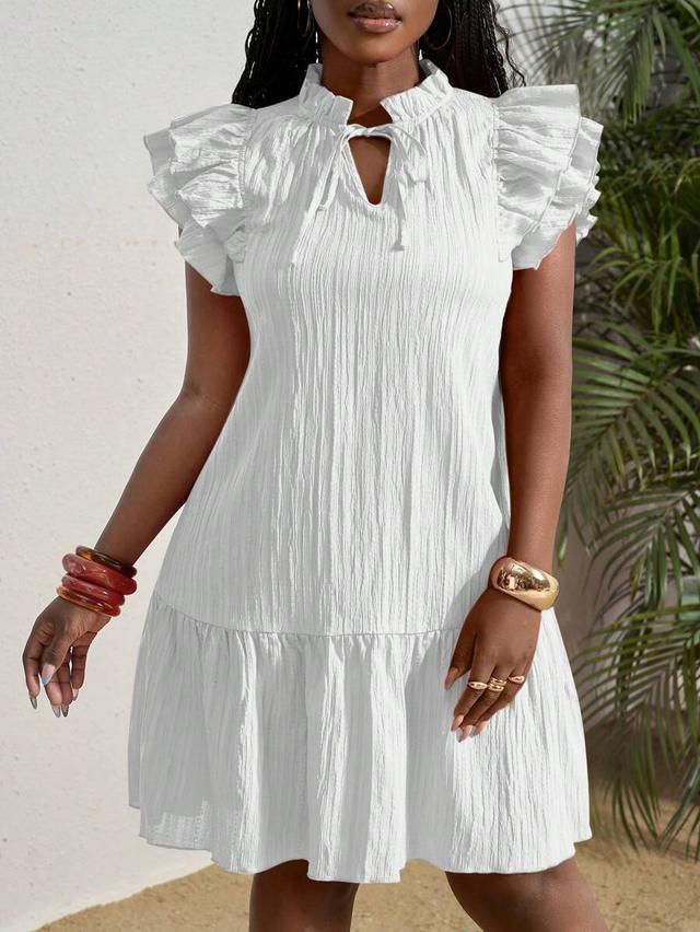 white textured cotton ruffle sleeve tiered mini dress