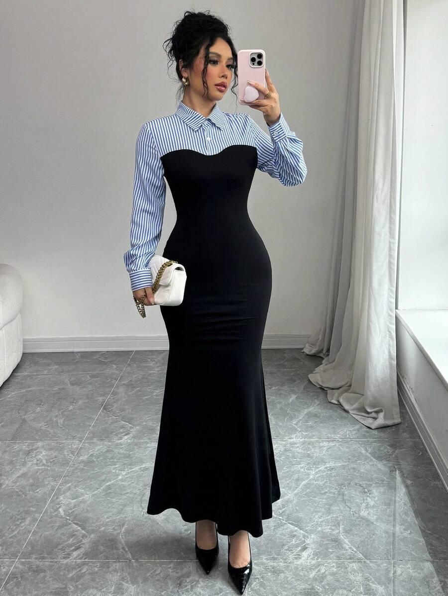 elegant bodycon black and white paneled maxi dress