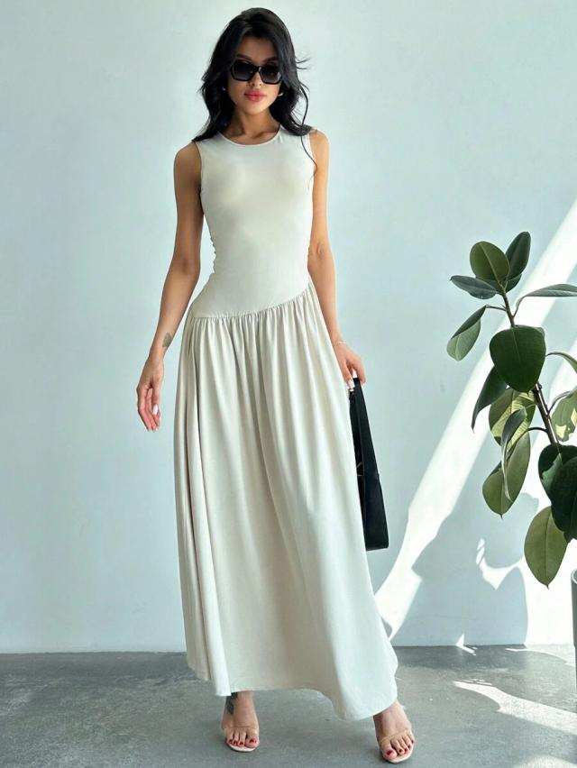 sleeveless drop-waist cream midi dress