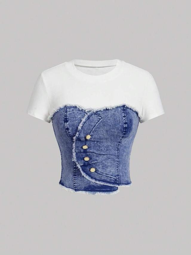 fitted denim patchwork short sleeve top