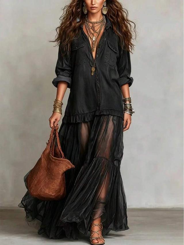 black shirt dress with sheer layered skirt