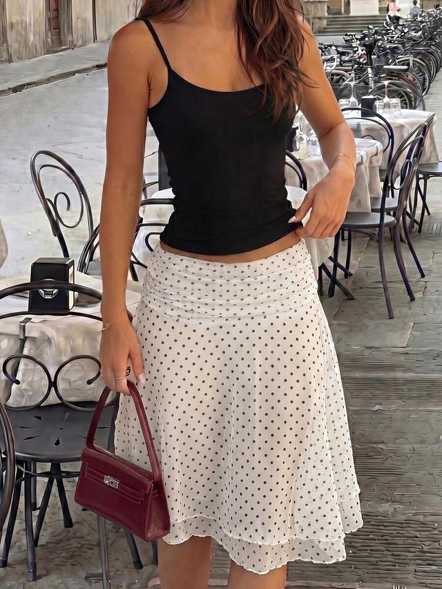 white polka dot double-layer mesh straight skirt