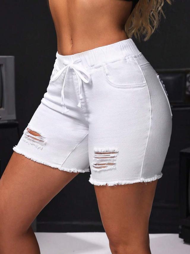 white distressed denim drawstring shorts