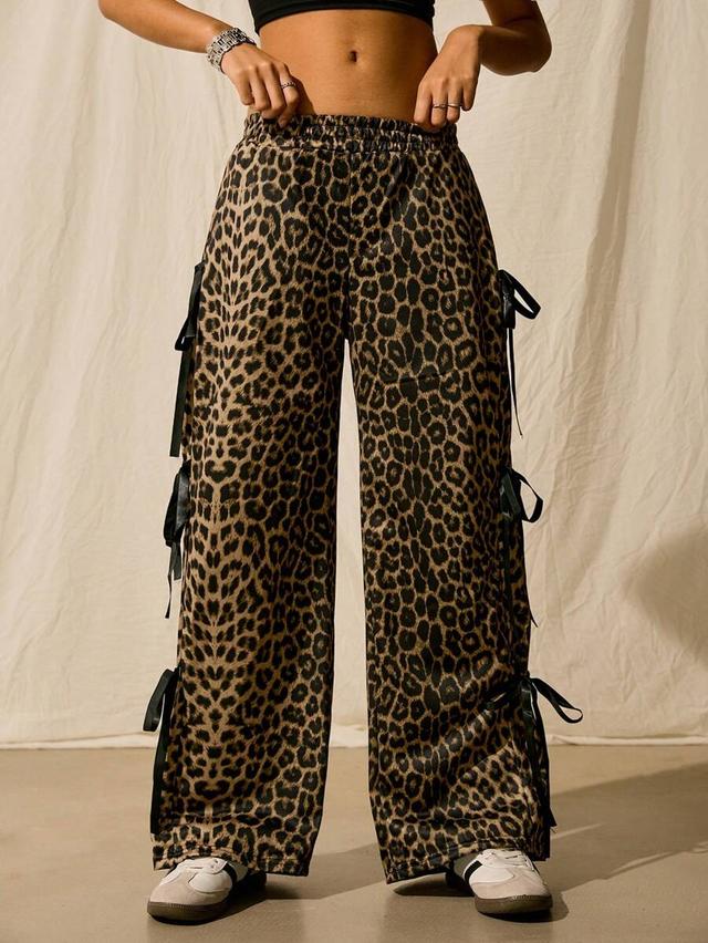 leopard print side bowknot loose casual sweatpants