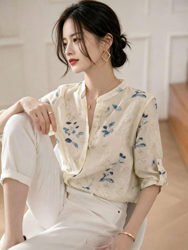 misty blue watercolor floral stand collar 3/4 sleeve blouse