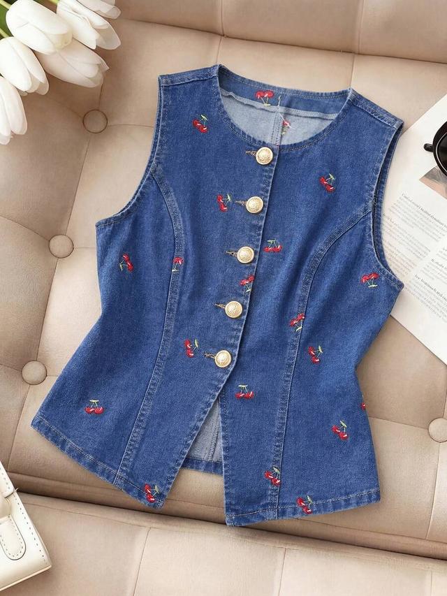 cherry embroidered button down denim vest