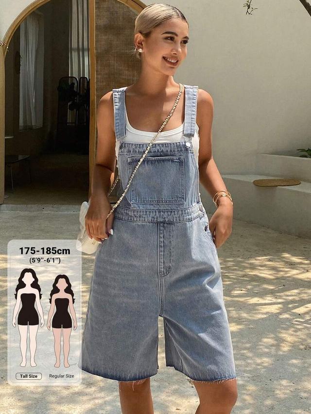 light blue denim bib shorts with raw hem