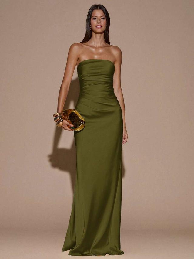 olive green strapless ruched satin maxi dress