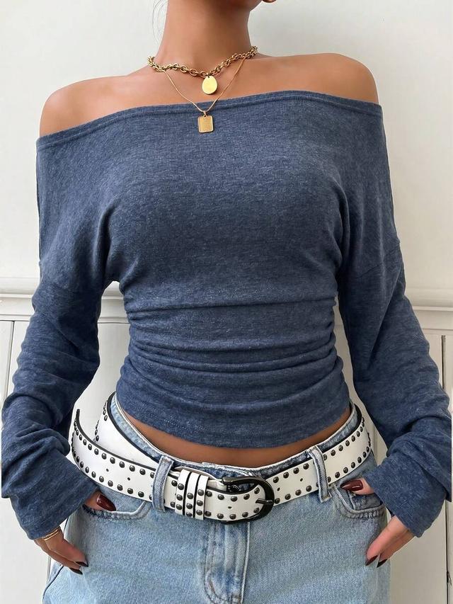 muchica navy blue off-shoulder fitted knit t-shirt
