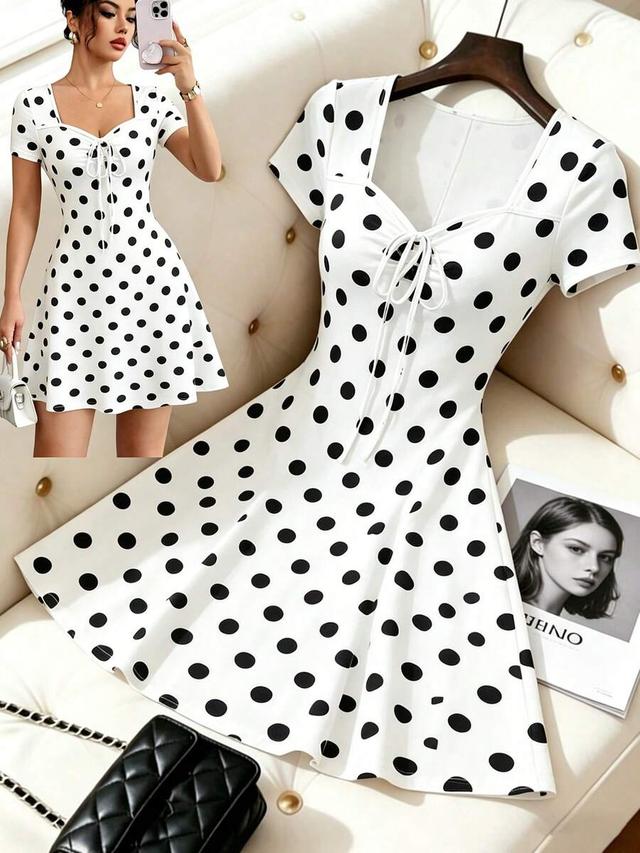 square neck polka dot drawstring flared short dress