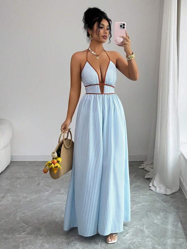 blue and white striped halter neck maxi dress