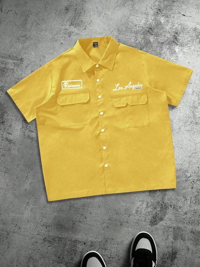 yellow short sleeve utility button up shirt
