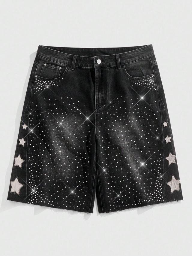 black denim shorts with star embroidery and rhinestones