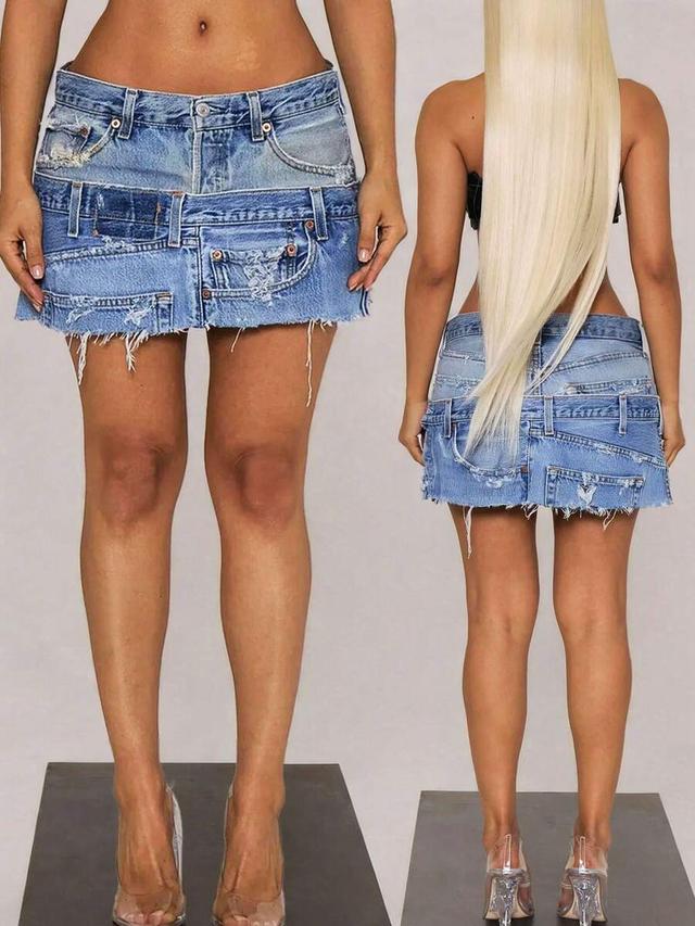 distressed denim patchwork mini skirt