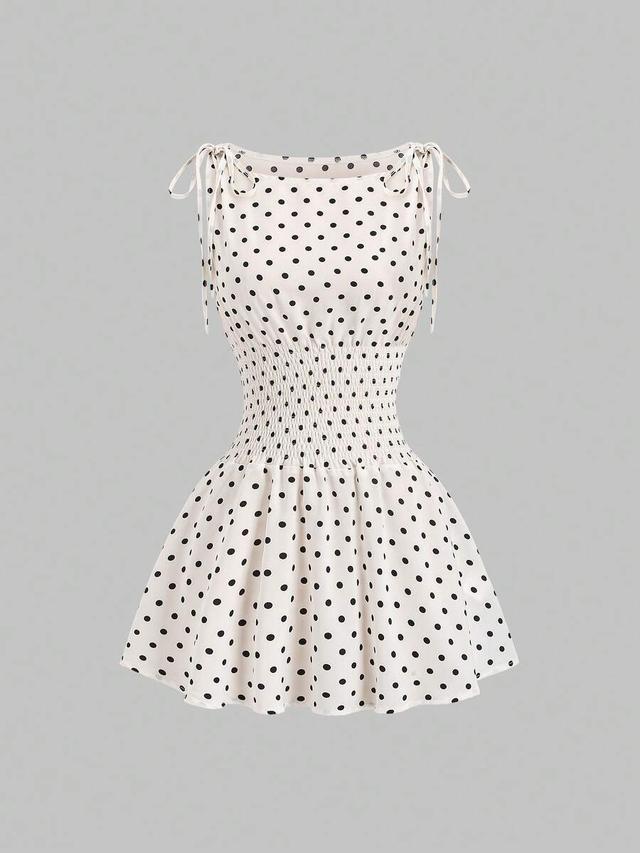 apricot polka dot mini dress with shoulder bows