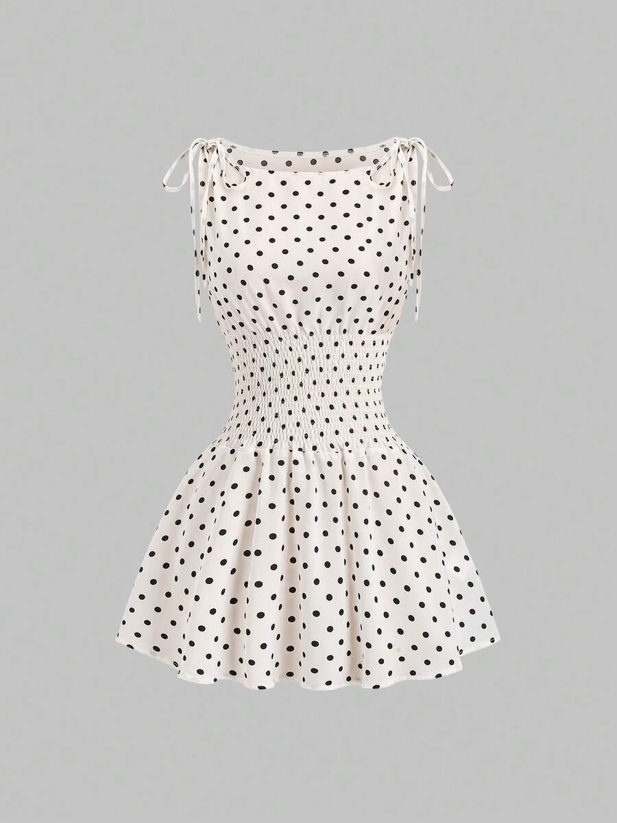 apricot polka dot mini dress with shoulder bows