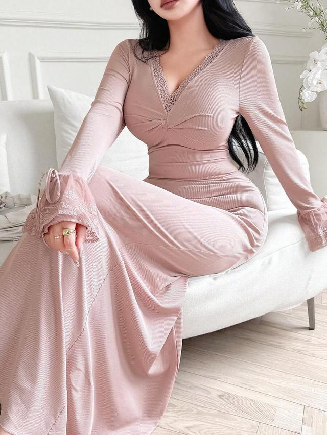 feyla women's elegant dusty pink long sleeve fitted dress