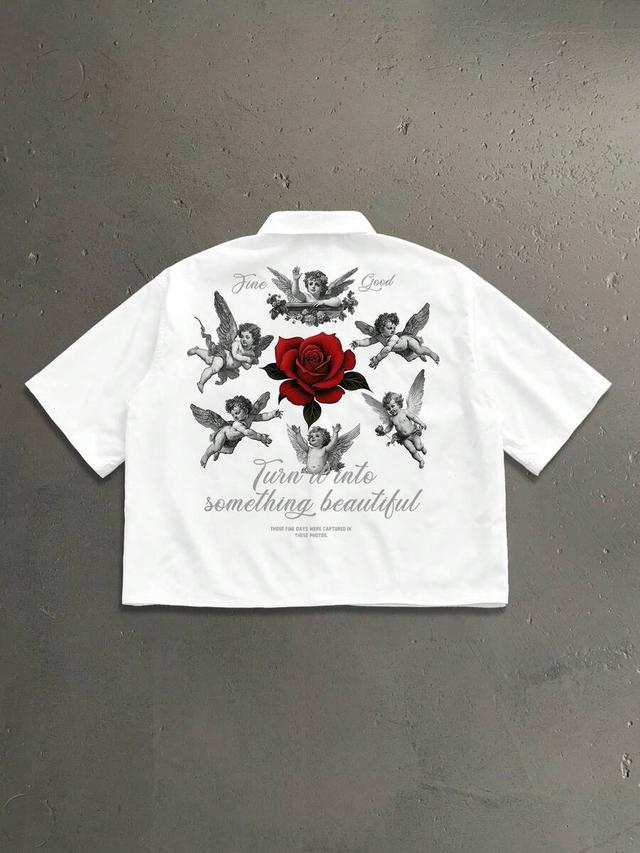 white angel and rose print loose cropped shirt
