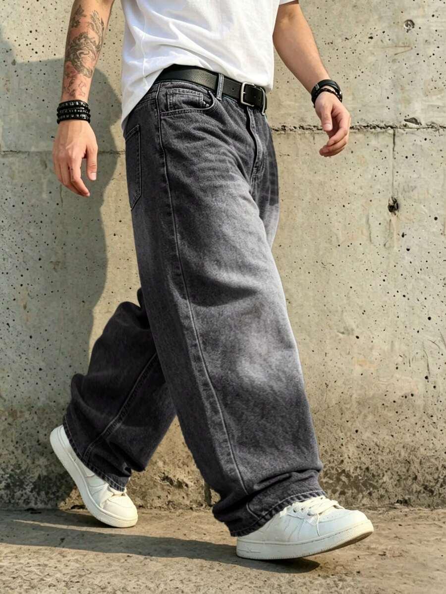 vintage washed loose fit wide leg denim jeans