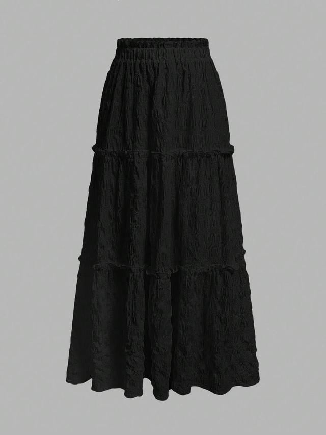 black elastic waist frill trim casual midi skirt