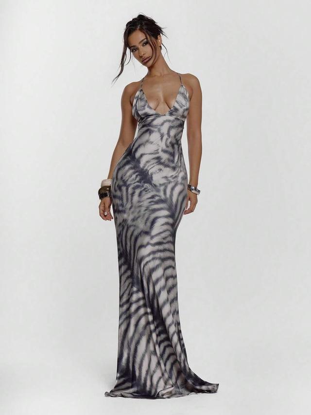 tiger print satin bias cut maxi dress