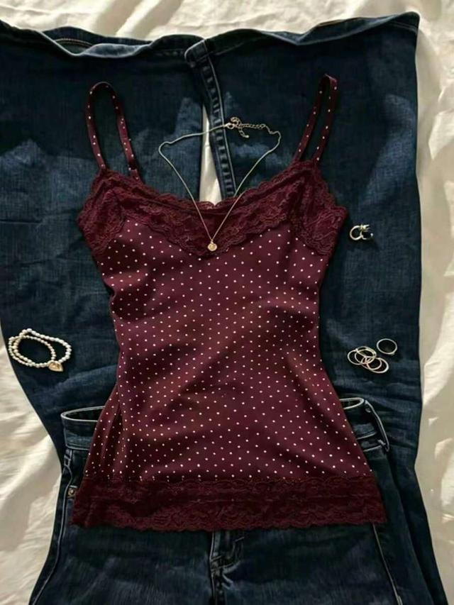 islasuriya burgundy polka dot lace trim camisole