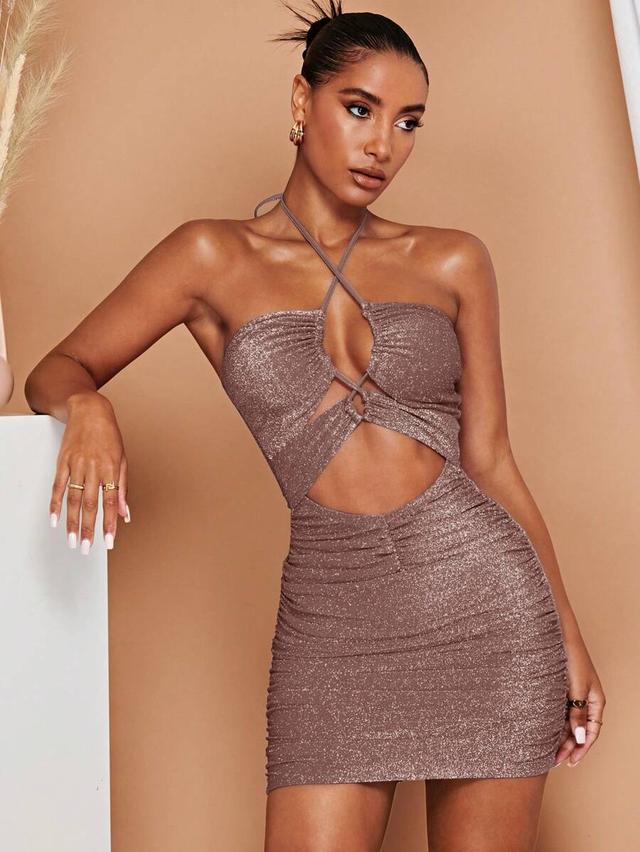 glittery halter neck ruched bodycon mini dress
