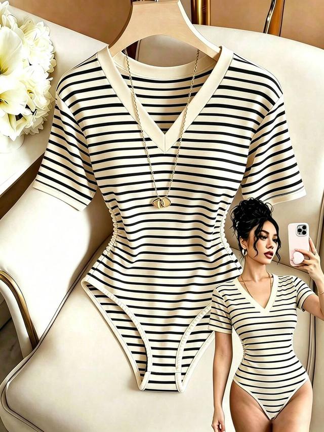 striped v-neck short sleeve casual bodysuit