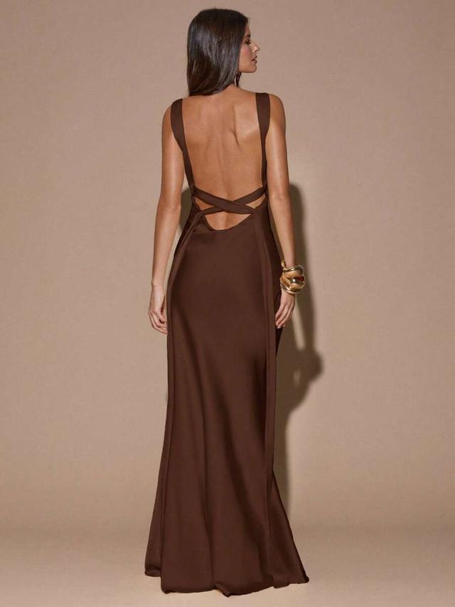 chocolate brown satin open back maxi dress