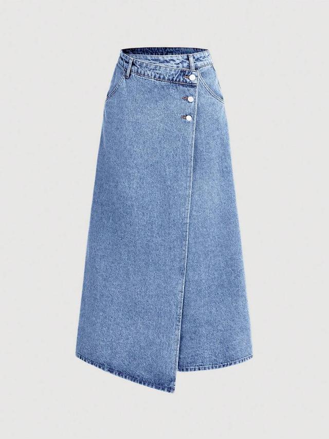 denim midi straight skirt with asymmetrical button front