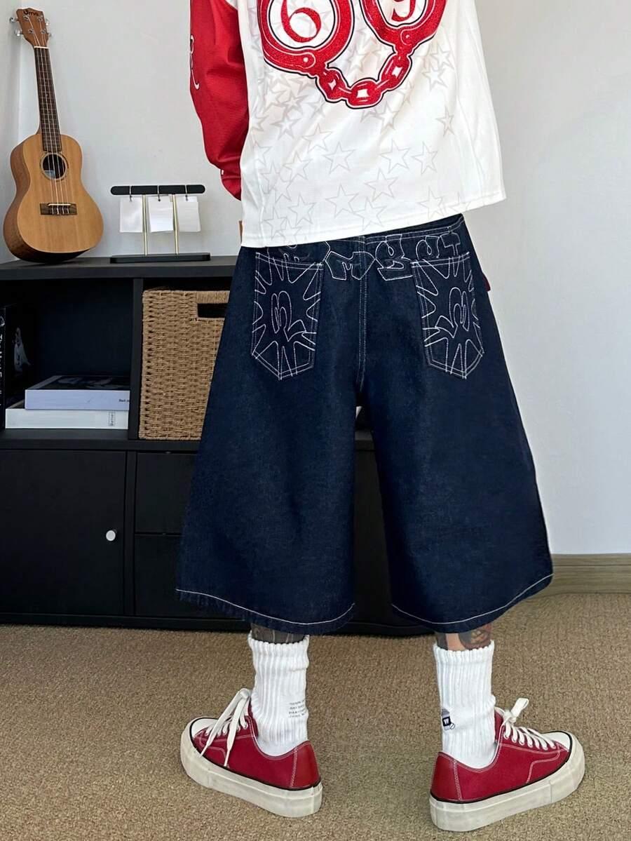 vintage casual wide leg denim shorts with cartoon embroidery