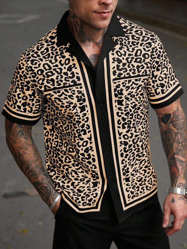 leopard print contrast trim short sleeve button shirt