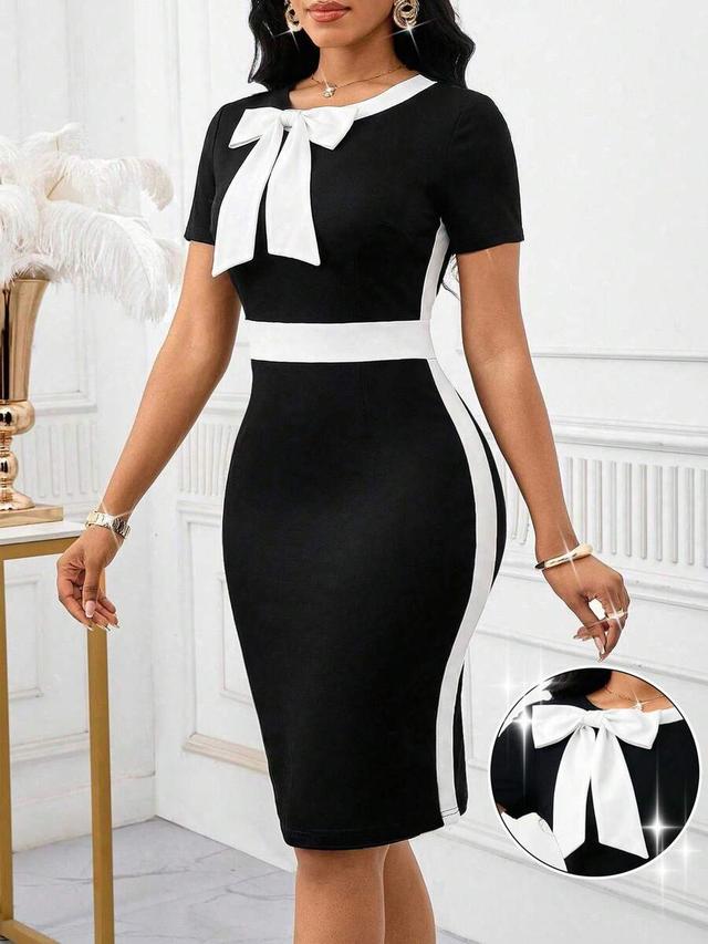 black and white colorblock sheath dress with bow