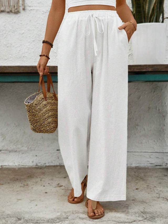 solid white cotton blend wide leg casual pants