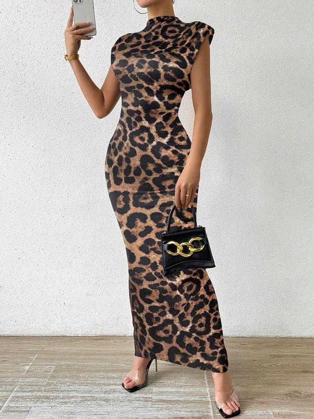 leopard print stand collar padded shoulder bodycon maxi dress