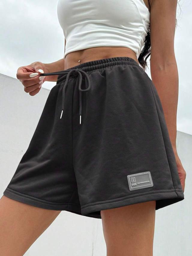 casual dark grey drawstring waist patch detail shorts