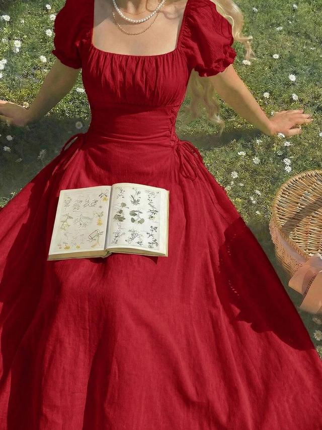 red petal sleeve tie-waist mid-length dress